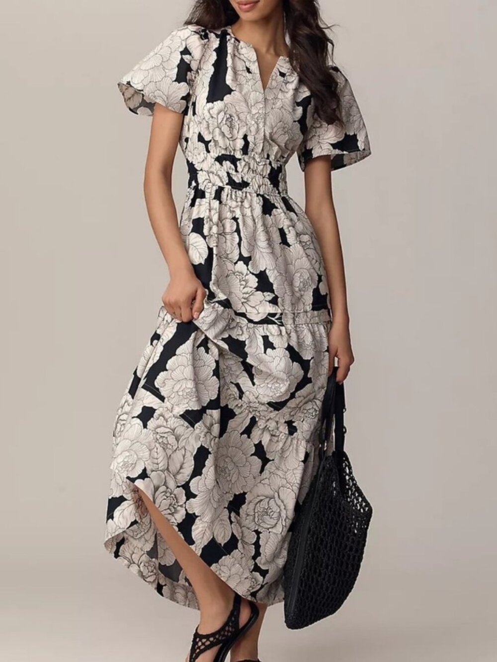 New! ANTHROPOLOGIE 3X Black/White Sommerset Maxi Dress V-Neck Tiered Skirt